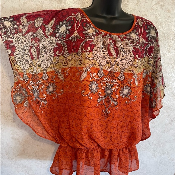 Dressbarn Ladies Orange Floral Blouson Blouse Gathered Elastic Waist Size Small - Picture 2 of 13